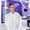 White Disposable Lab Coat. Pack of 10 Splash Proof Disposable Gowns Small. 40 gsm SMS Unisex Surgical Gowns with Long Sleeves; Knit Collar and Cuffs;