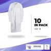 White Disposable Lab Coat. Pack of 10 Splash Proof Disposable Gowns Small. 40 gsm SMS Unisex Surgical Gowns with Long Sleeves; Knit Collar and Cuffs;